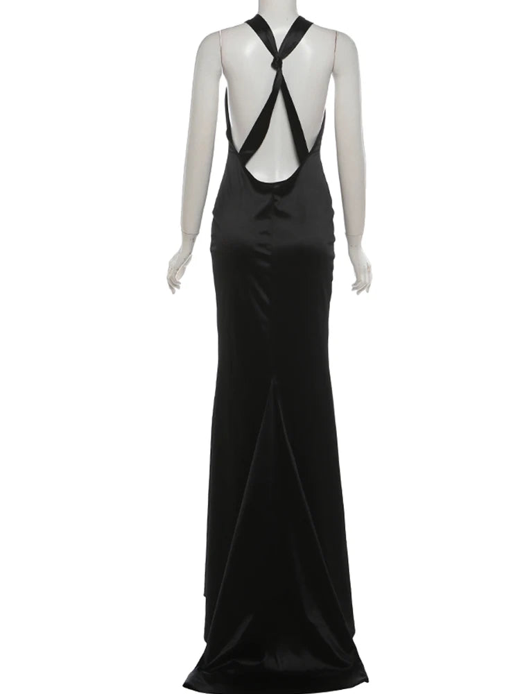 Silky Satin Evening Gown With Low Neck Backless Design Sleeveless Maxi Dress