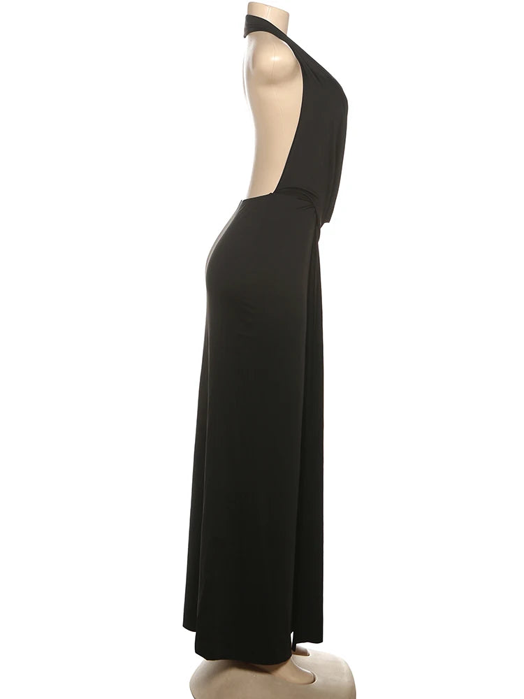 Elegant Halter Backless Maxi Dress With Deep V Neck And High Slit