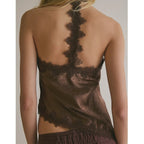 Coquette Aesthetic Satin Lace Trim Sleeveless Backless Asymmetrical Camisole Tanks