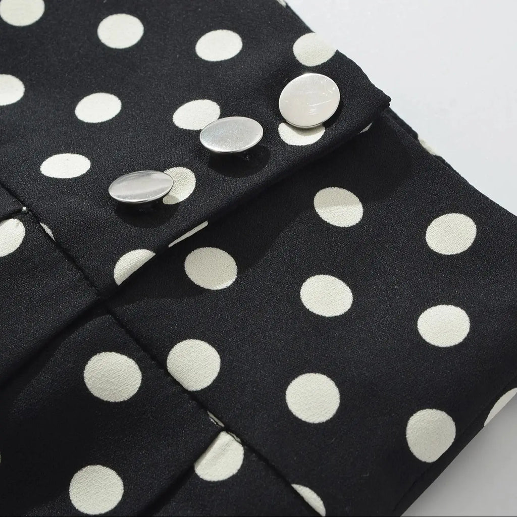 Black Polka Dot Pleated Mini With Shorts Lining Low Waist Skater Style Button Details