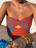 Off Shoulder Knit Tube Top With Stripe Backless Bustier Cropped