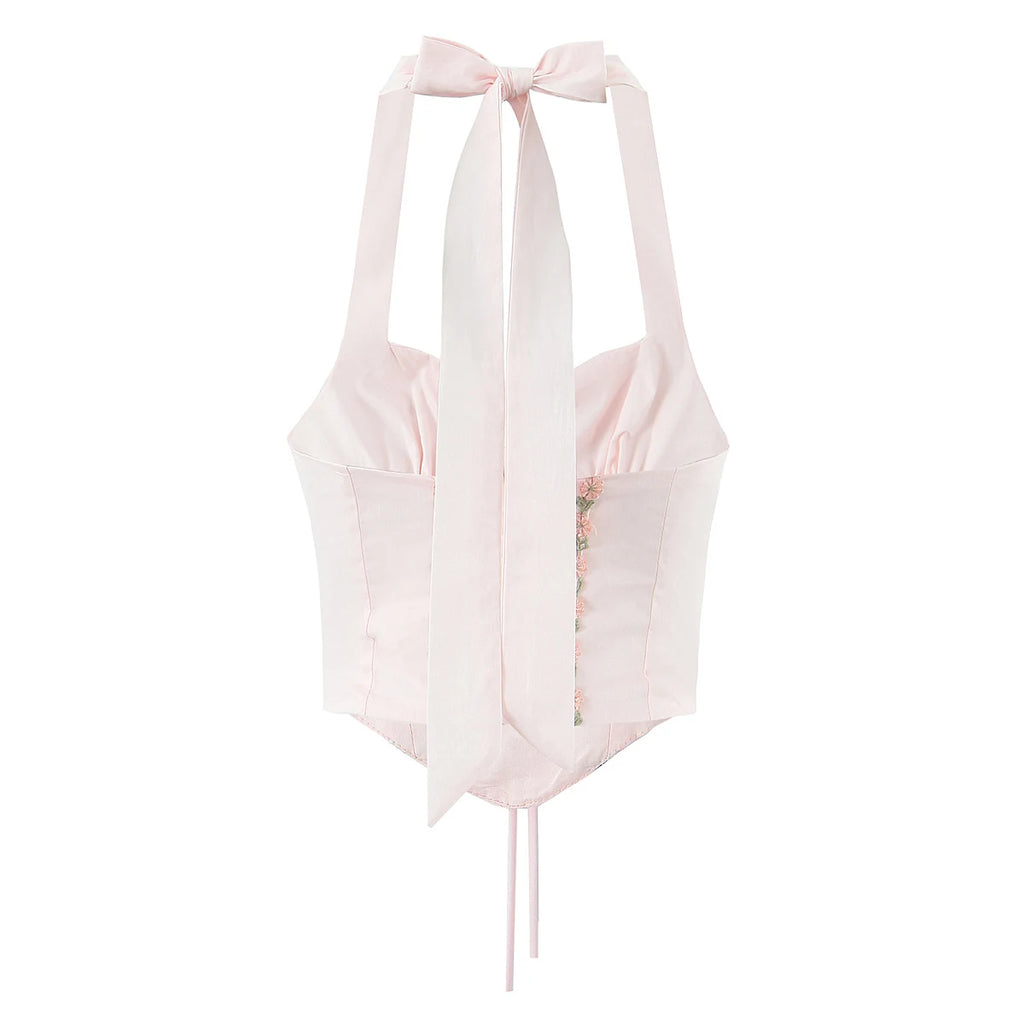 Pink Embroidered Floral Halter Corset Camisole With Ruched Chest Bow And Cross Lacing