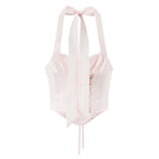 Pink Embroidered Floral Halter Corset Camisole With Ruched Chest Bow And Cross Lacing