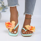 Clip Toe Flower Sandals With Square Front And Comfortable Flat Sole For Summer