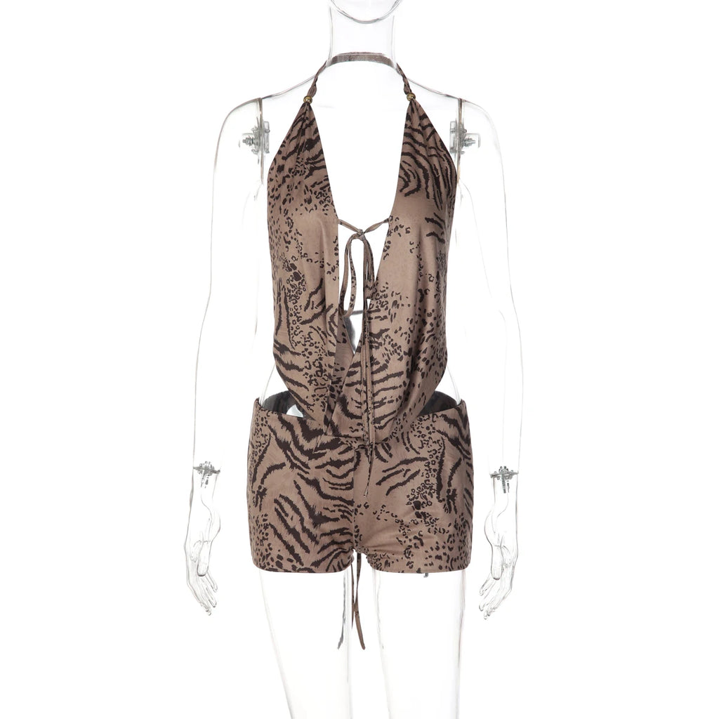 Tiger Print Halter Top Beachwear Set With Backless Detail And Lace Up Slim Fit Shorts