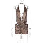Tiger Print Halter Top Beachwear Set With Backless Detail And Lace Up Slim Fit Shorts