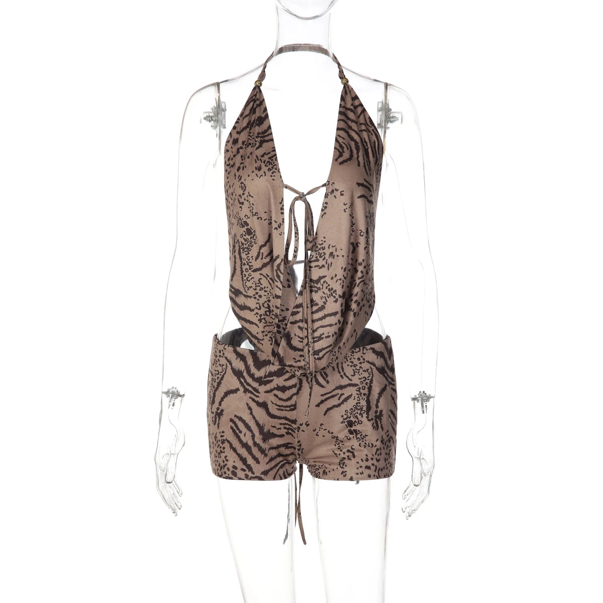 Tiger Print Halter Top Beachwear Set With Backless Detail And Lace Up Slim Fit Shorts