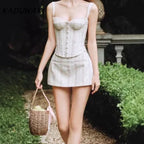 Vintage Sweet Floral Print Mini Dress Set Strapless Crop Top Bodycon Skirts Outfit