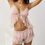 Two Piece Sheer Pajamas Set Ruffle Lace Trim Tie-Up Split Front Sleeveless Cami Tops and Shorts