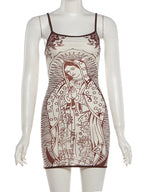 See Through Sling Dress Backless Mini For Women Flirty Cartoon Print