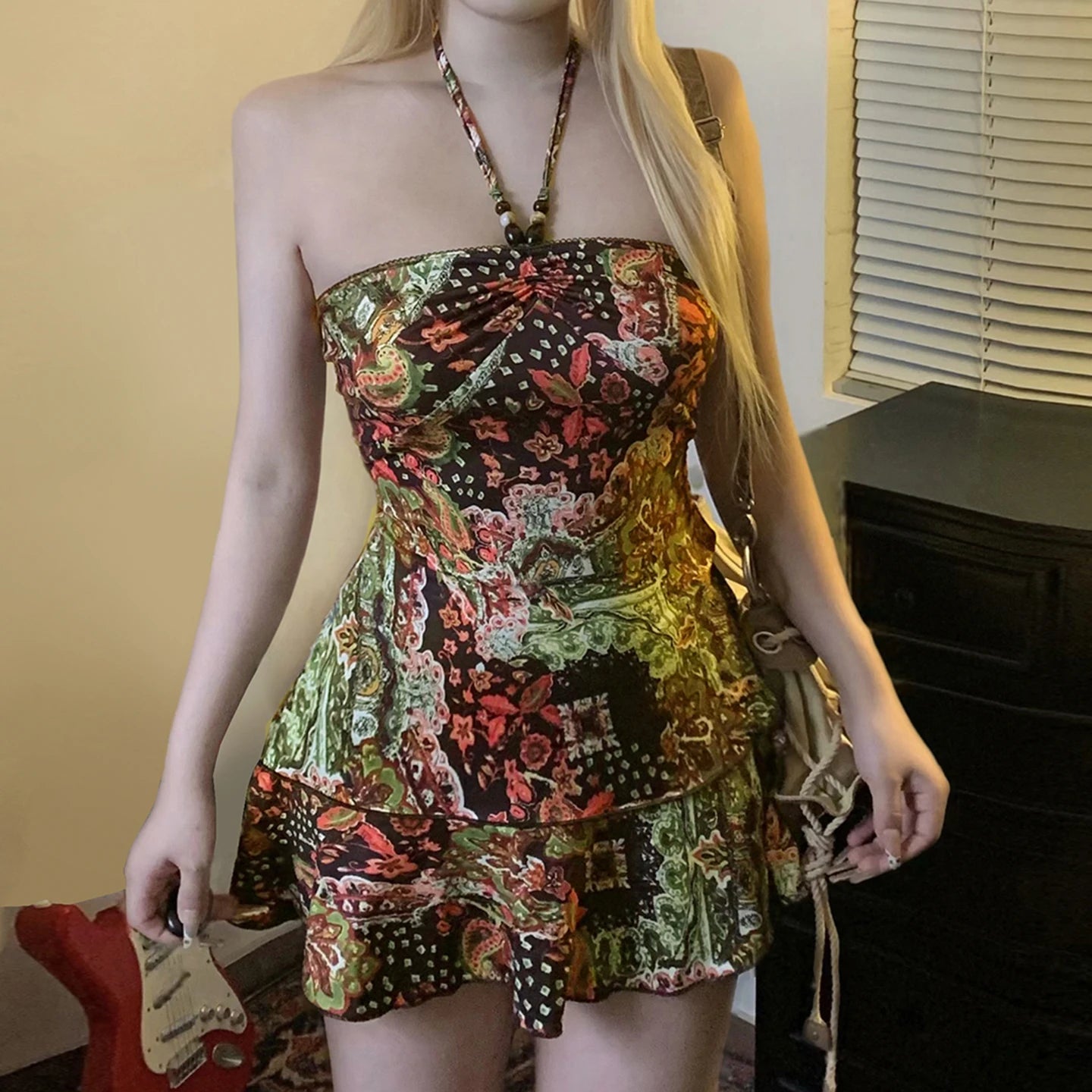 Romantic Print Halter Dress Backless Mini