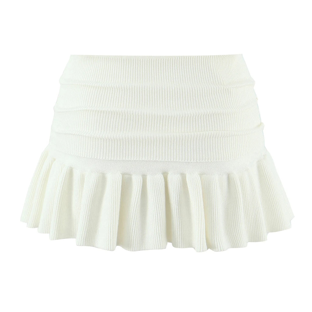 Y2K Women Roll Down Rib Knitted Hem Ruched Pleated Mini Skirt Elastic Waist Hips A-line Skirt