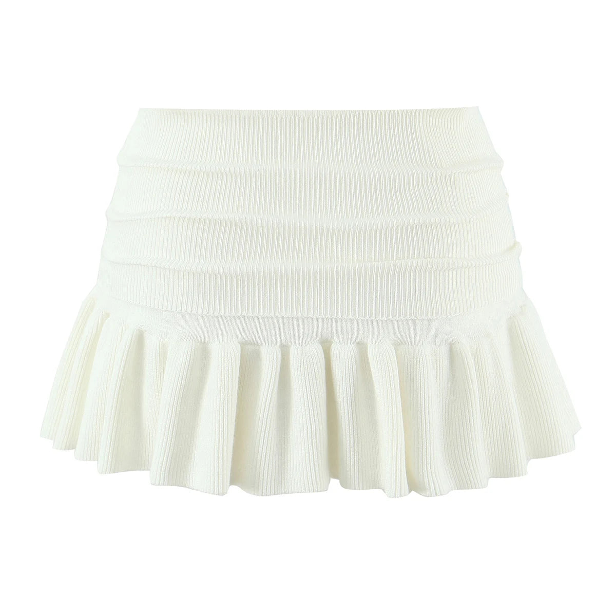 Y2K Women Roll Down Rib Knitted Hem Ruched Pleated Mini Skirt Elastic Waist Hips A-line Skirt