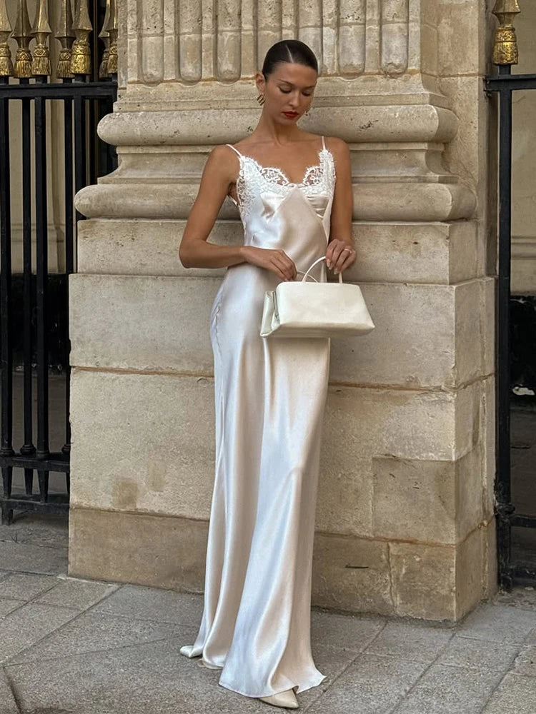 V-Neck Satin Sling Maxi Dress With Lace Patchwork Backless Evening Gown