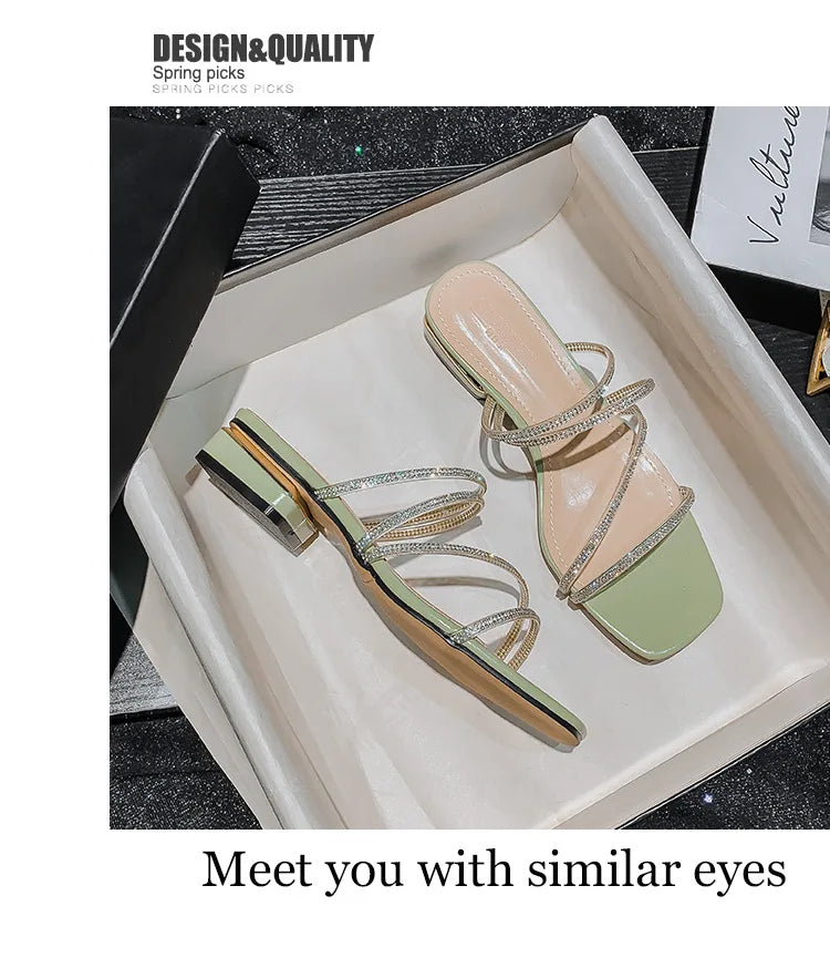 Crystal Rhinestone Clear Strap Sandals With Low Heel