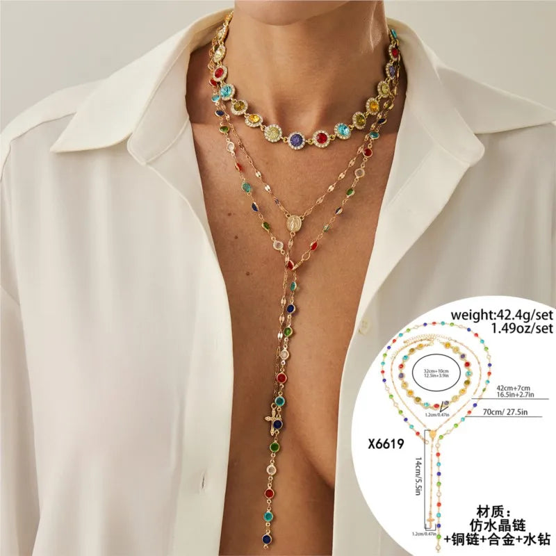 Boho Rainbow Rhinestone Layered Necklace Set For Women Bohemian Chic Everyday Jewelry