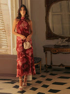 Boho Floral Halter Maxi Dress With Cutout And Tiered Ruffles Sleeveless