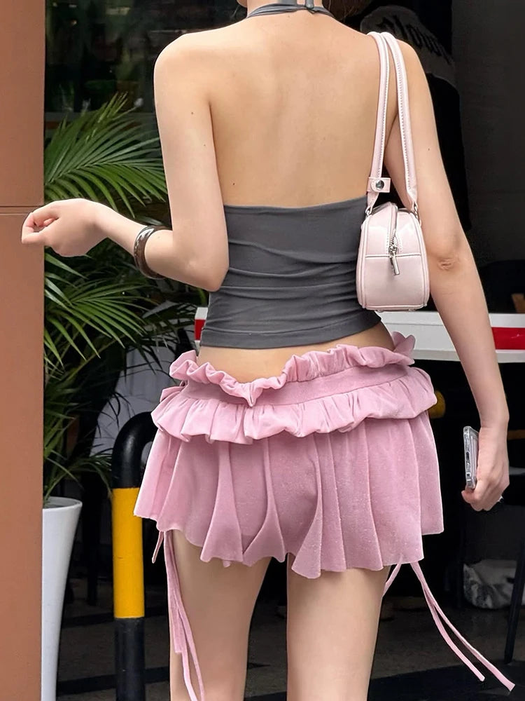 Sweet 2-Piece Set Women Halter Backless 3D Decoration Top+Folds Tassel Elastic Waist Skirt