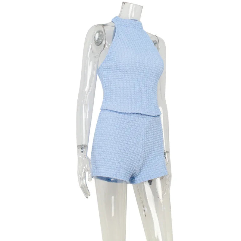 Sexy Halter Knit Two Piece Set Backless Bodice And Shorts Tracksuit