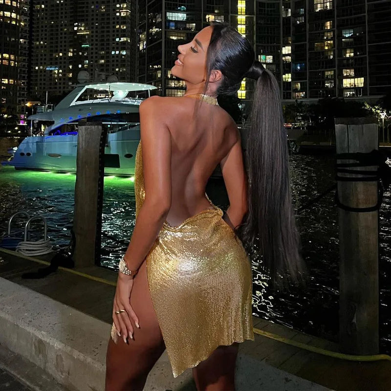 Sequin Backless Party Dress With Hanging Neck