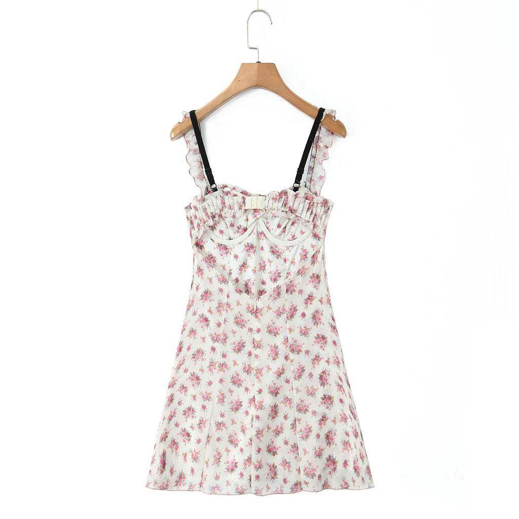 Floral Print Women Sexy Hollow Out Backless A-line Sling Mini Dress