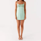 Sequin Flower Embroidered Square Neck Spaghetti Strap Mini Dress