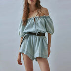 Lace Up Mini Jumpsuit Square Neck Denim Fringed Bubble Sleeve Bodysuit