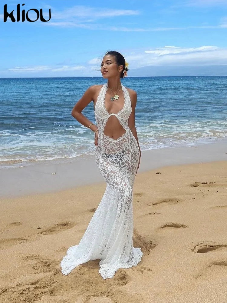 Lace Halter Long Dress Coquette Deep V Neck Ruched Trim
