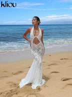 Lace Halter Long Dress Coquette Deep V Neck Ruched Trim