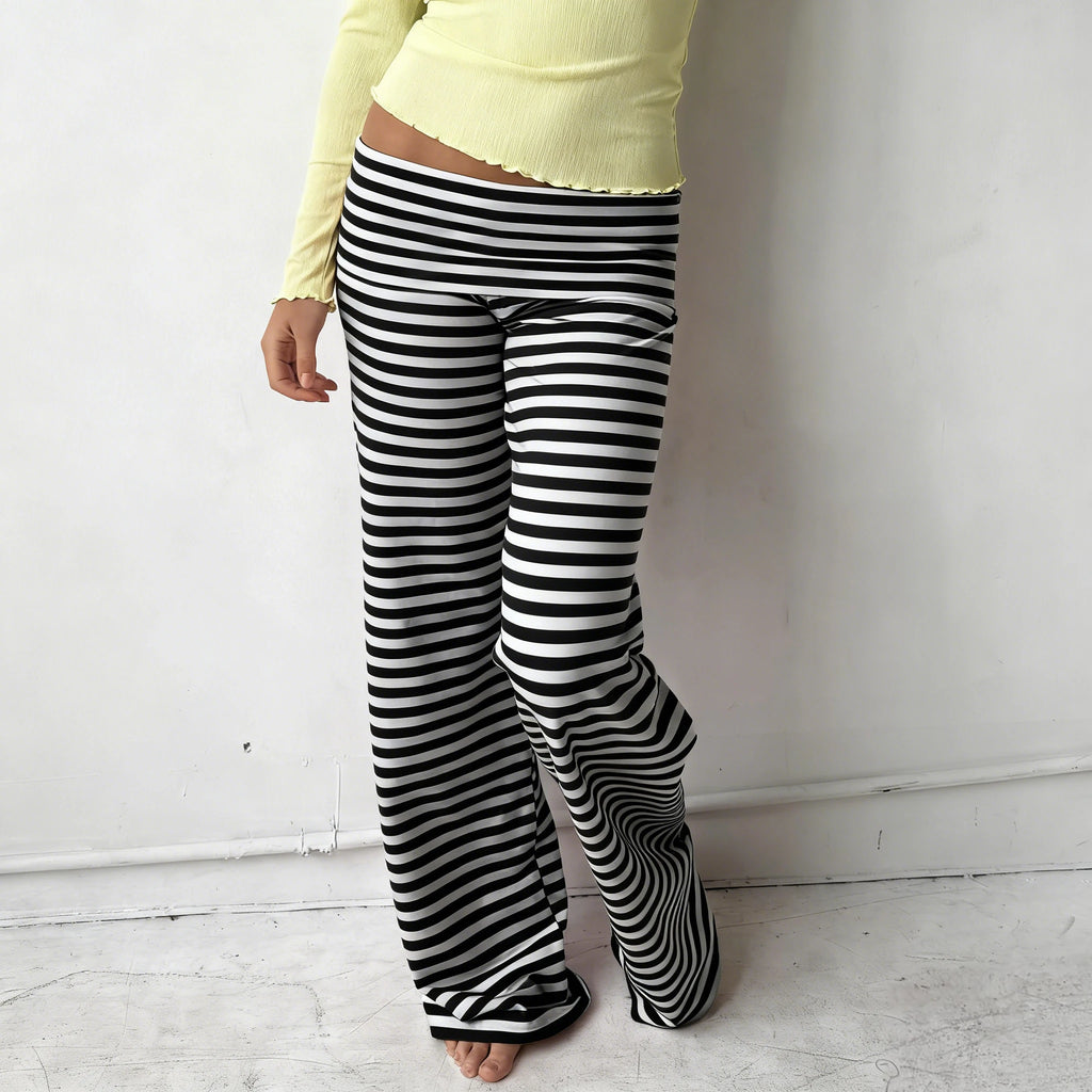 Soft Wide Leg Trousers With Fold Over Waist Solid Color Casual Bottoms