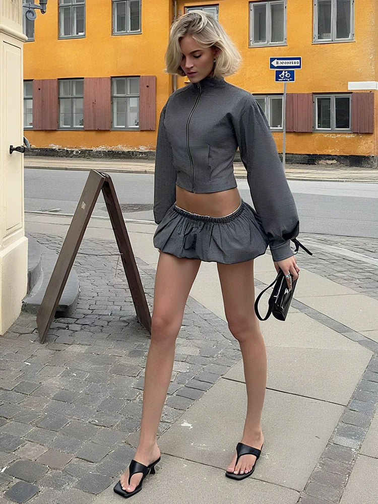 Stripe Zipper Cardigan And Ruched Mini Skirt Set