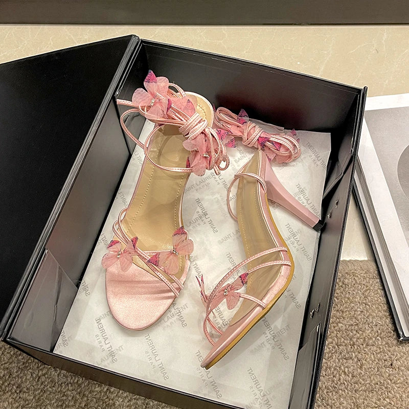 Glam Pink Satin Butterfly Strappy Heels