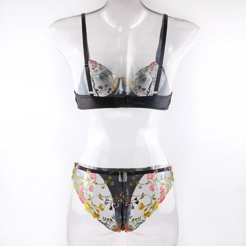 Countryside Embroidered Lingerie Set With Floral Patchwork Bra And Panty Details