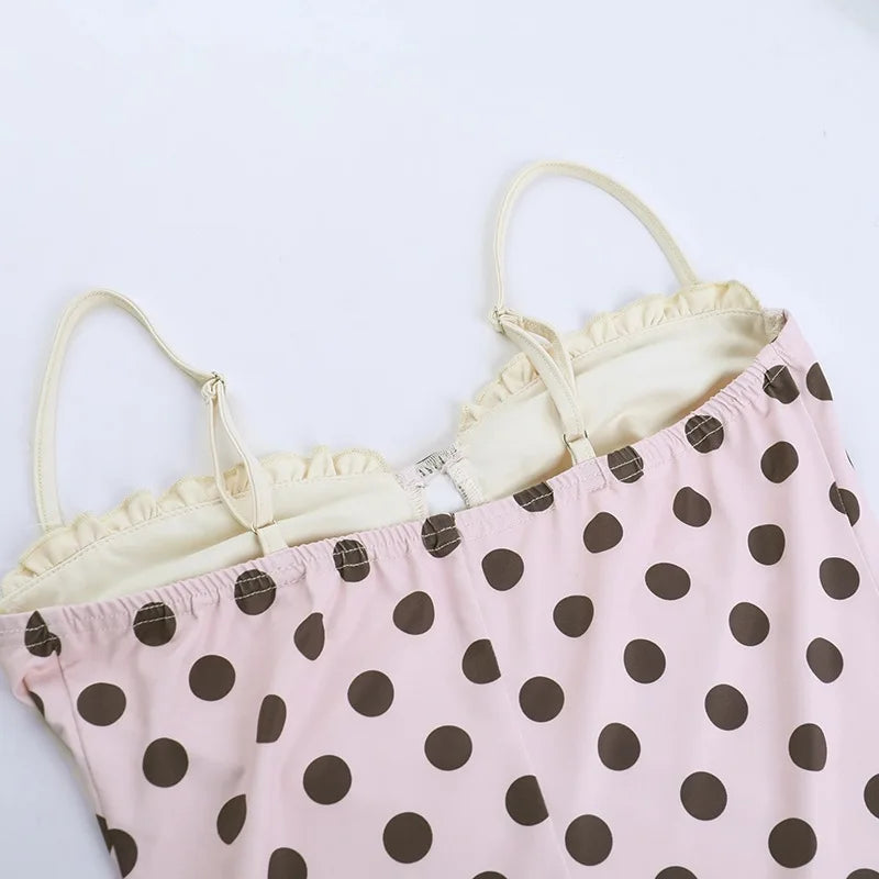 Sweet Spaghetti Strap Polka Dot Dresses Sexy Sleeveless Bowknot Ruched Mini