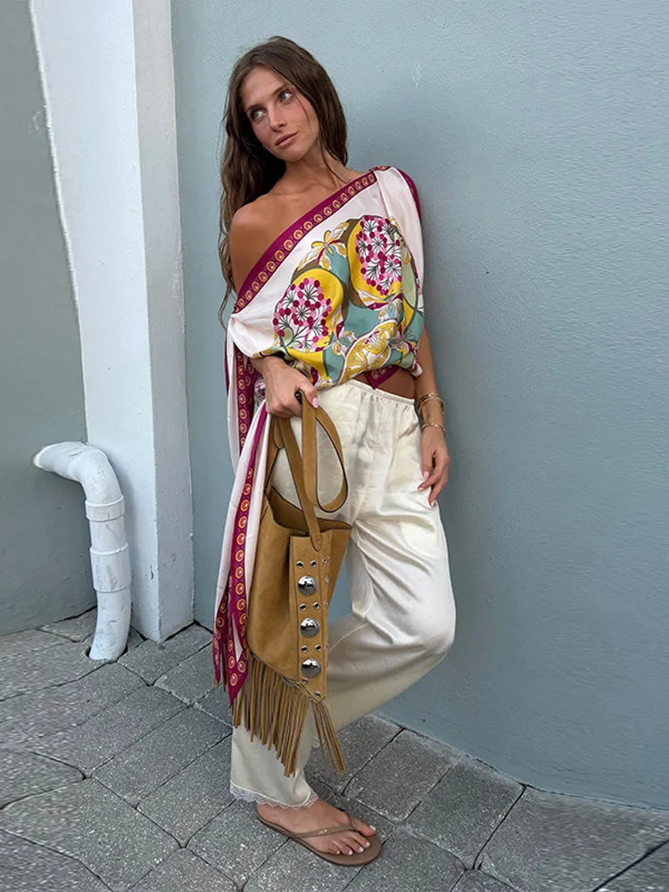Boho Floral One Shoulder Camisole Tank Top With Asymmetrical Hem