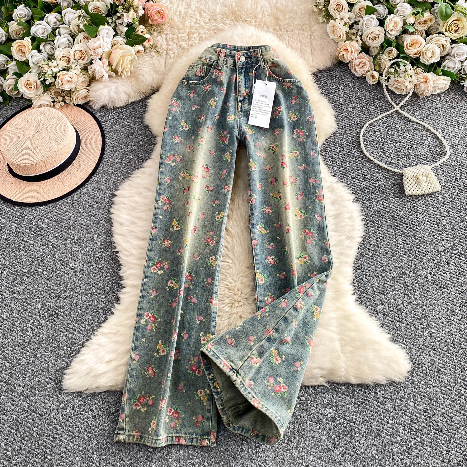 Floral Dream Denim Pants With Wide Leg Silhouette And High Waist