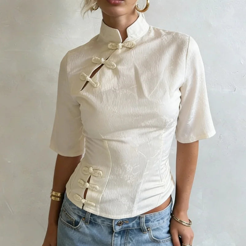 Chic Mandarin Collar Cheongsam Top With Chinese Knot Buttons