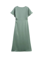 Elegant l Solid Satin Midi Dress With V Neck And Short Sleeves
