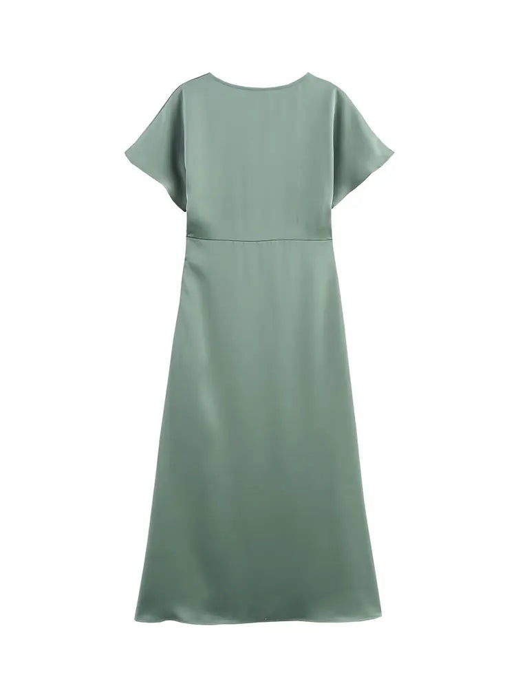 Elegant l Solid Satin Midi Dress With V Neck And Short Sleeves