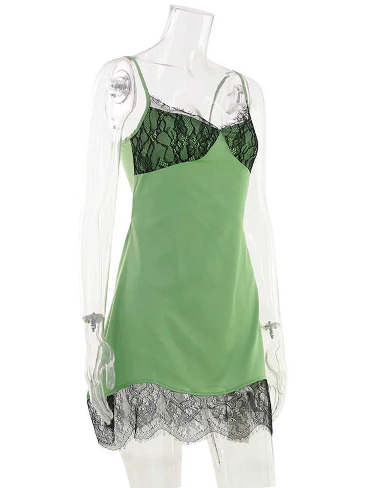 Green Camisole Lace Patchwork Slim Sheath Mini Dress