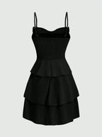 Chic Cinched-Waist Three-Layer Ruffle Bow Suspender Dress