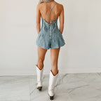 Breezy Solid Spaghetti Strap Jumpsuit With V Neck Sleeveless Wide Leg Denim Shorts Playsuit