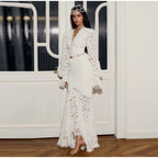 Delicate Lace V-Neck Peplum Top With Flare Sleeves And High Waist Mermaid Hem Elegant Evening Set