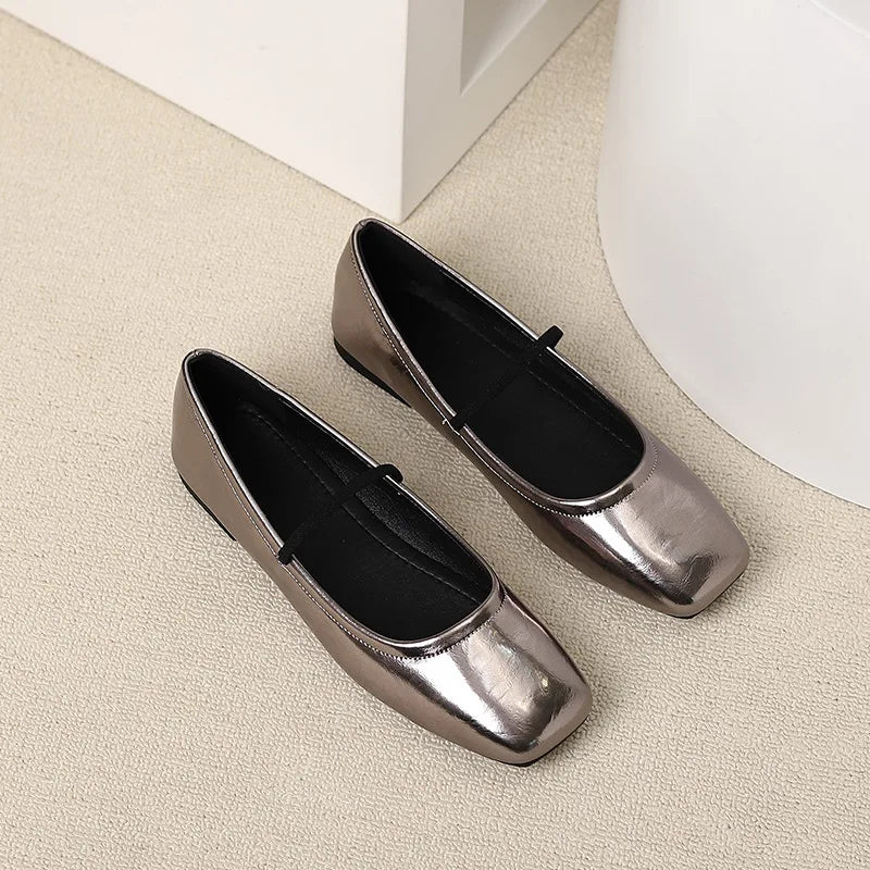 Metallic Square-Toe Mary Janes Slip-On Flats