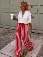 Relaxed Striped Pants For Women With Elastic Waist And Lace Up Detail Wide Leg Straight Trousers