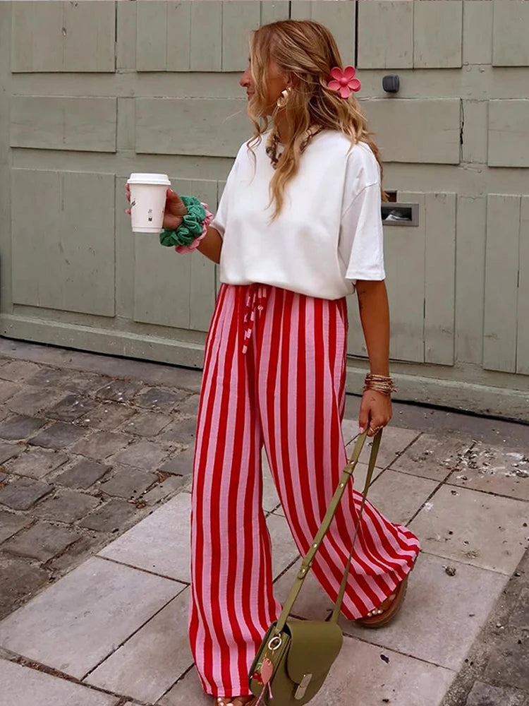 Relaxed Striped Pants For Women With Elastic Waist And Lace Up Detail Wide Leg Straight Trousers