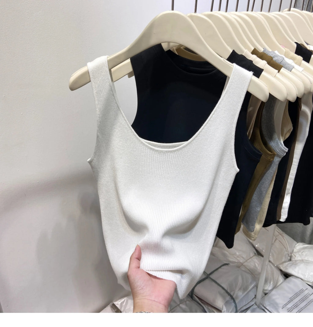 Knitted Strap Top With Clavicle Square Collar