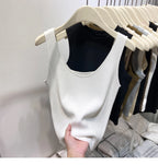 Knitted Strap Top With Clavicle Square Collar