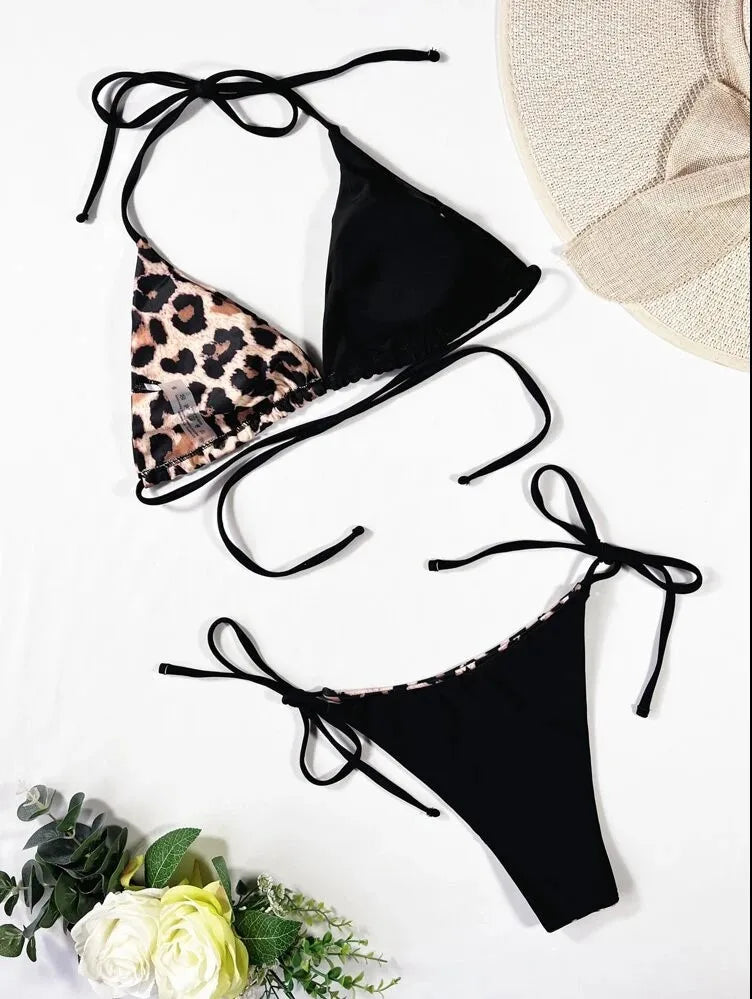 Leopard Lace Up Two Piece Bikini Set With High Waist Bottom And Padded Triangle Top For Sunlit Beaches