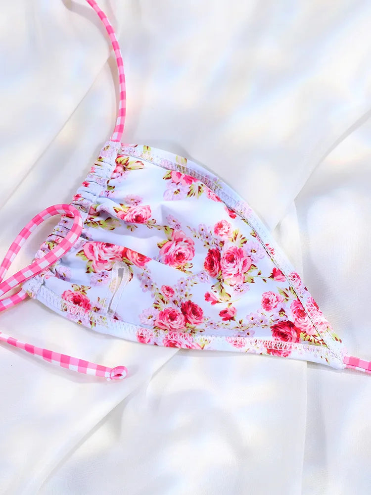 Floral Bow Pink Bikini Swimsuit For Women Low Waist Bandage Beachwear Chic Summer Bathing Suit